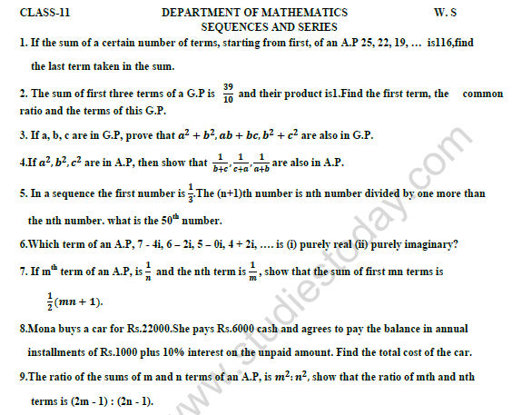 CBSE Class 11 Mathematics Sequences And Series Worksheet Set C